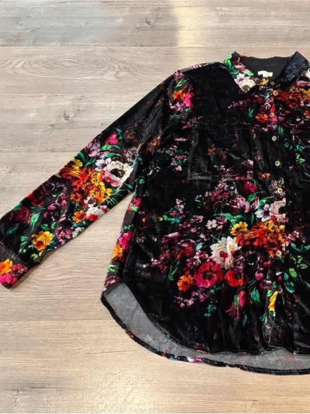 Anthropologie Black Floral Velvet Button-Down Shirt